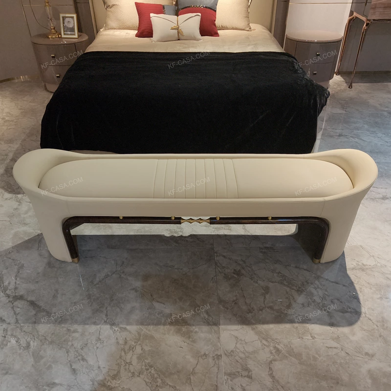 Elegant Beige Leather Bed Bench with Natural Wood Veneer & Gold Accents